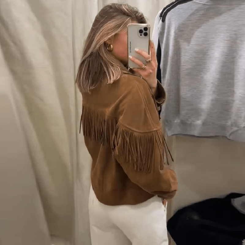 Embla Fringed Faux Suede Cropped Jacket in brown – styled look