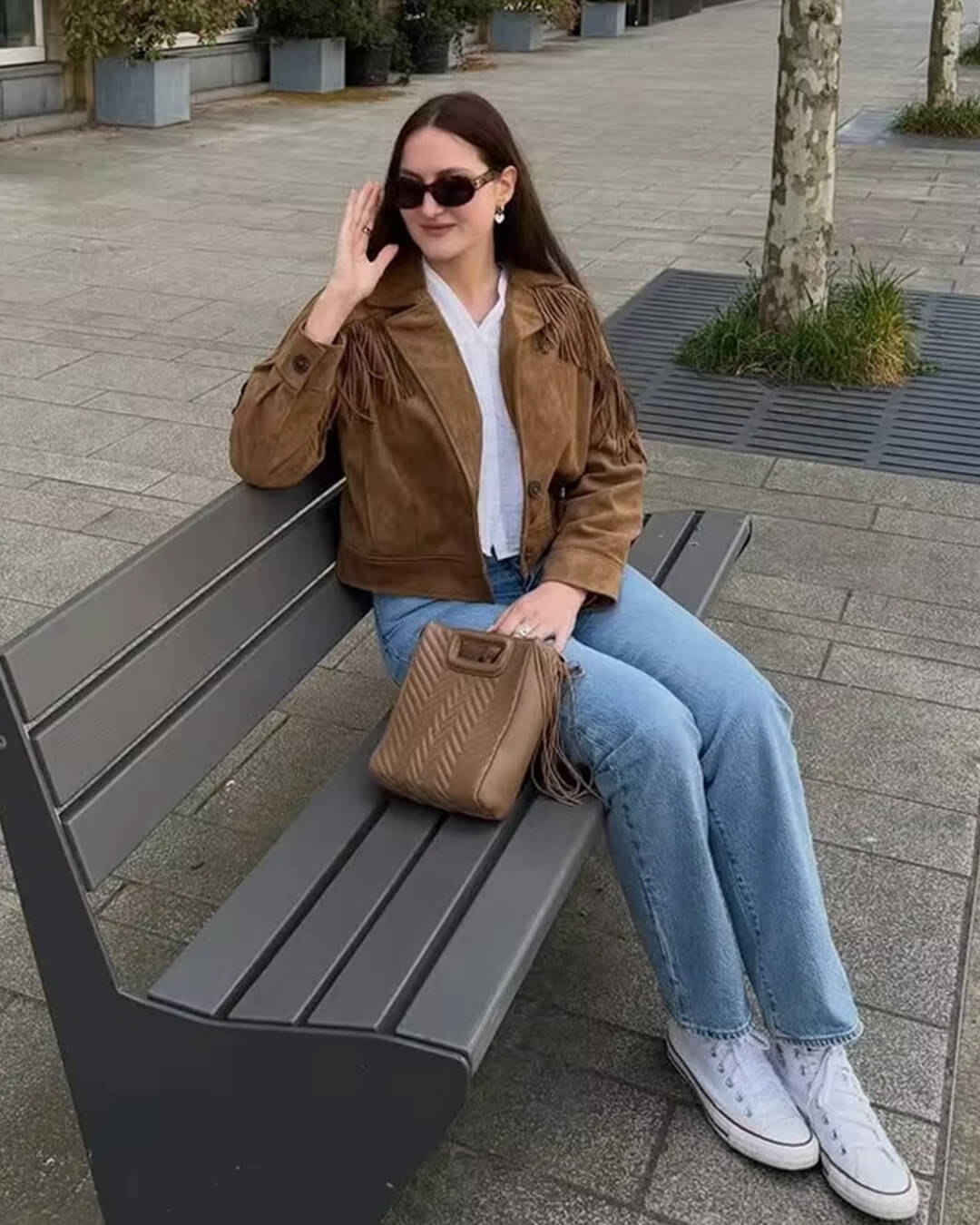 Embla Fringed Faux Suede Cropped Jacket in brown – styled look