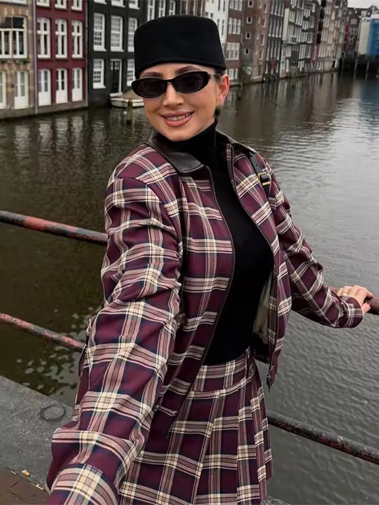 Josefine Check Bomber & Skort Co-ord in burgundy check – styled look