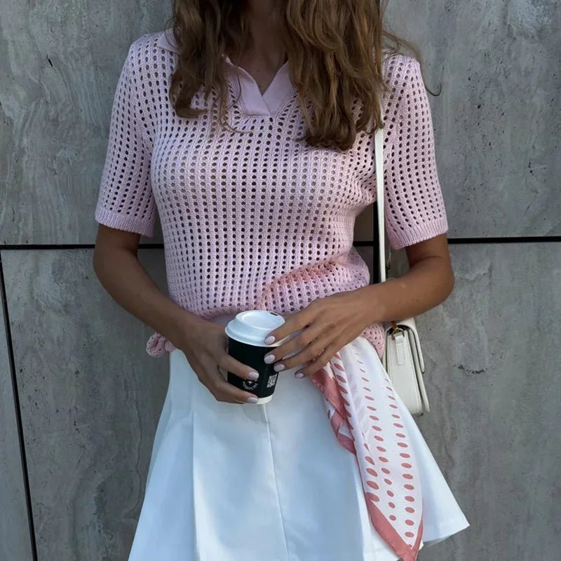 Blusa tipo polo Adeline de punto calado