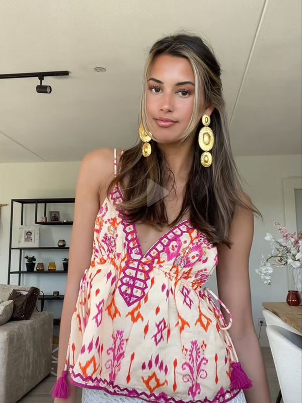 Top de tirantes Agrafena con bordado, estilo boho y lazos con borlas