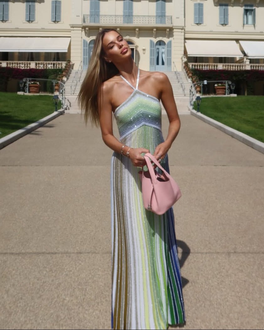 Vestido largo halter a rayas con lentejuelas Ailis