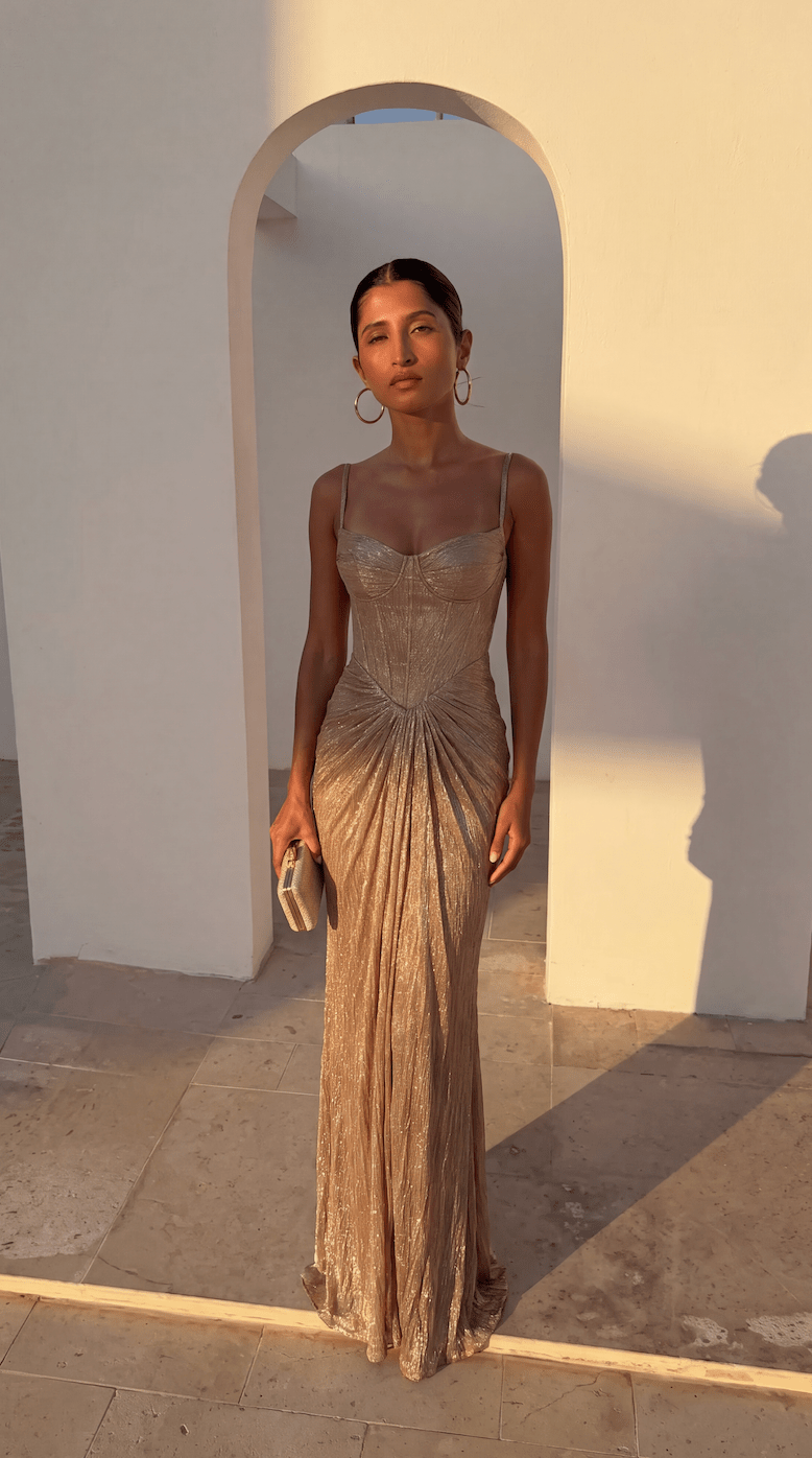 Vestido de gala plisado con corsé Aisena