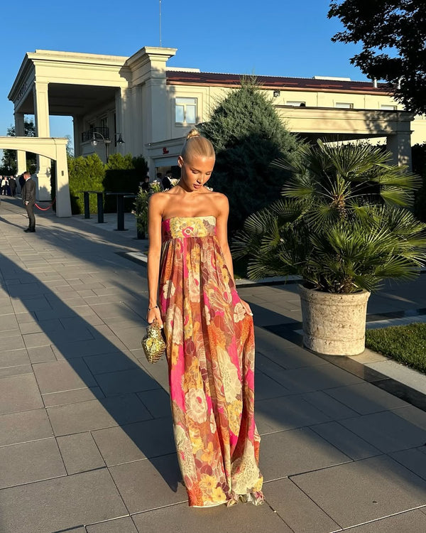 Vestido largo floral sin tirantes Amaya