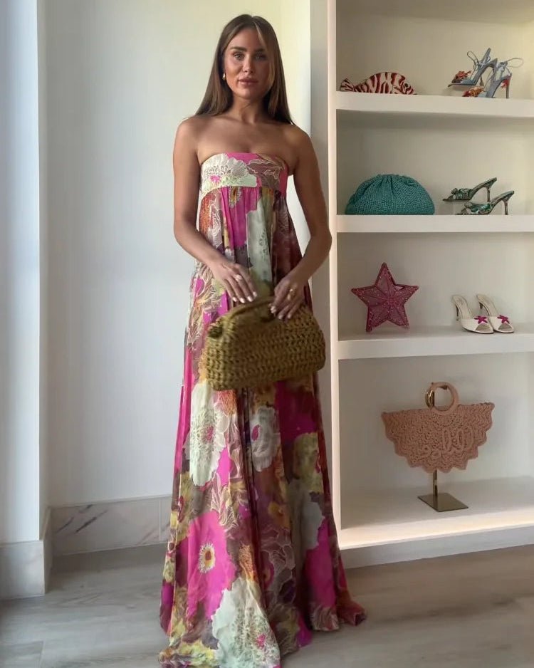 Vestido largo floral sin tirantes Amaya