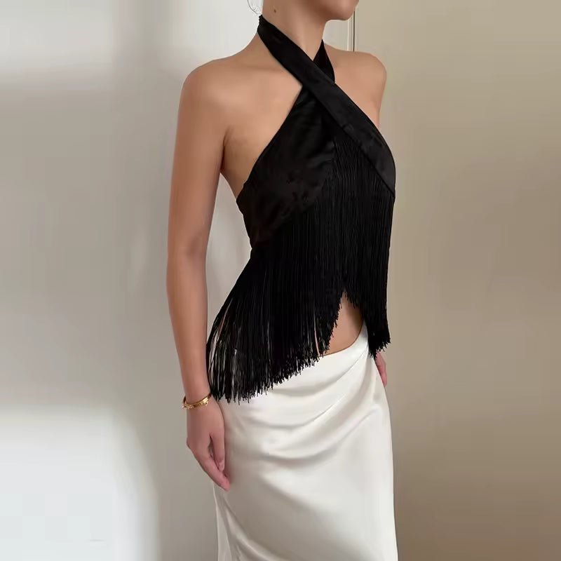 Top halter con flecos de satén Amelie