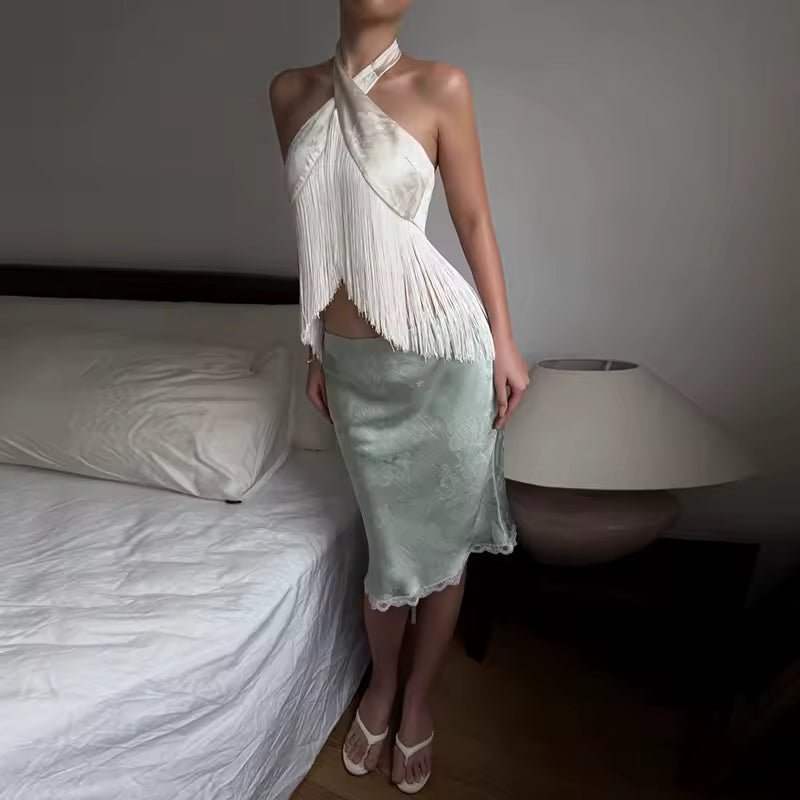 Top halter con flecos de satén Amelie