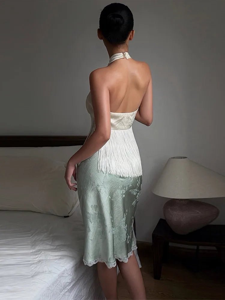 Top halter con flecos de satén Amelie