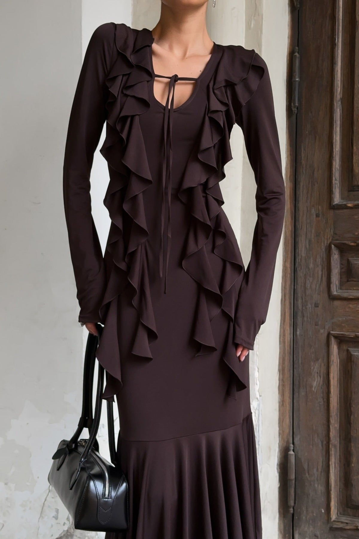 Vestido largo de manga larga con volantes Arielle
