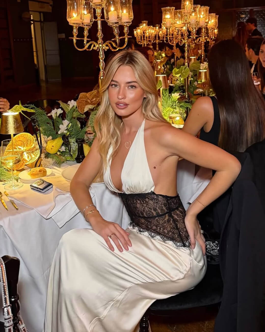 Backless satin-finish maxi dress with a lace waist