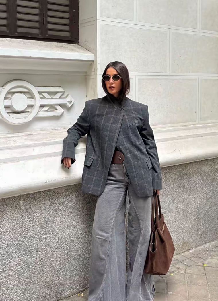 Blazer de cuadros con cuello mao Aurelia