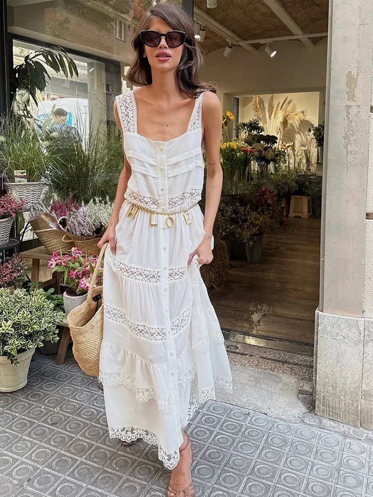 Maxivestido Bianca de encaje escalonado con patchwork