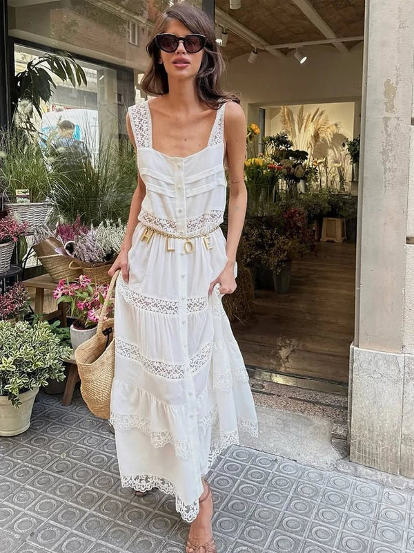 Maxivestido Bianca de encaje escalonado con patchwork