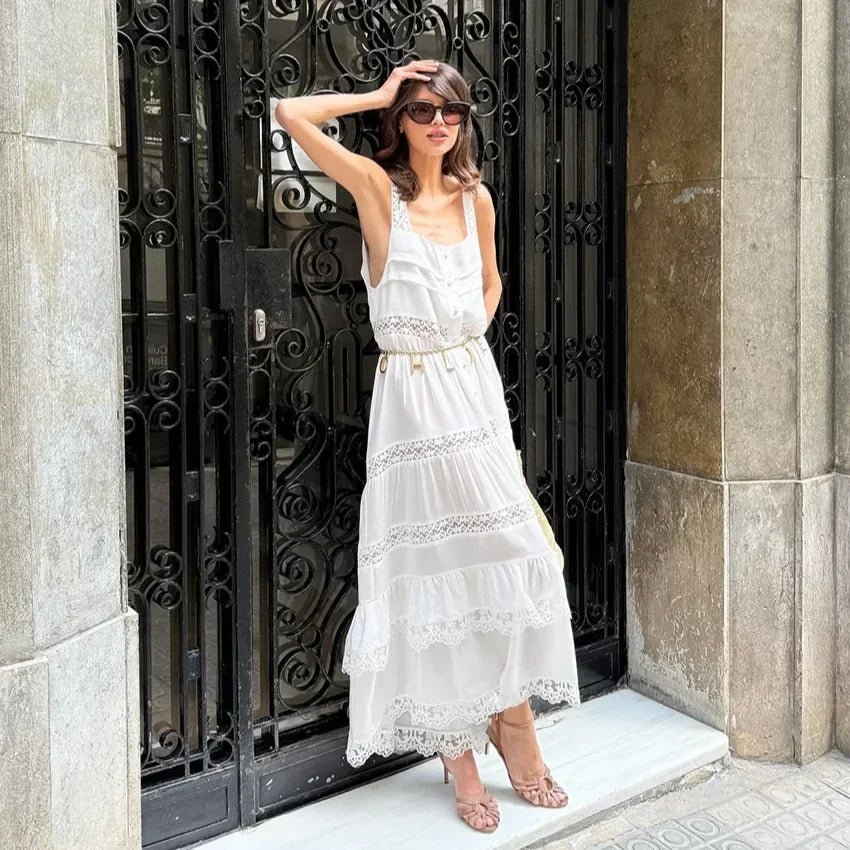 Maxivestido Bianca de encaje escalonado con patchwork
