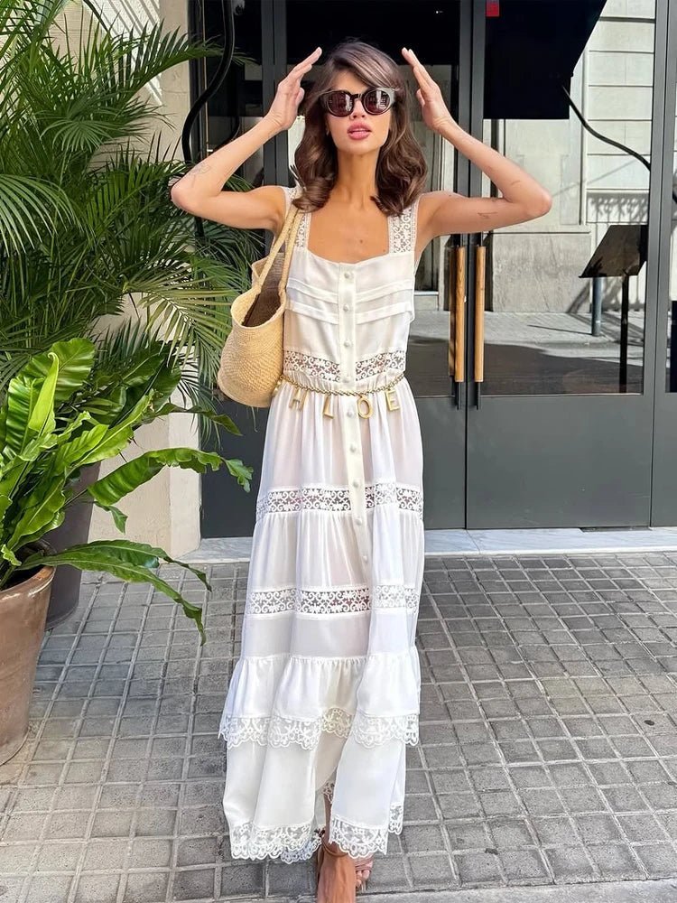 Maxivestido Bianca de encaje escalonado con patchwork
