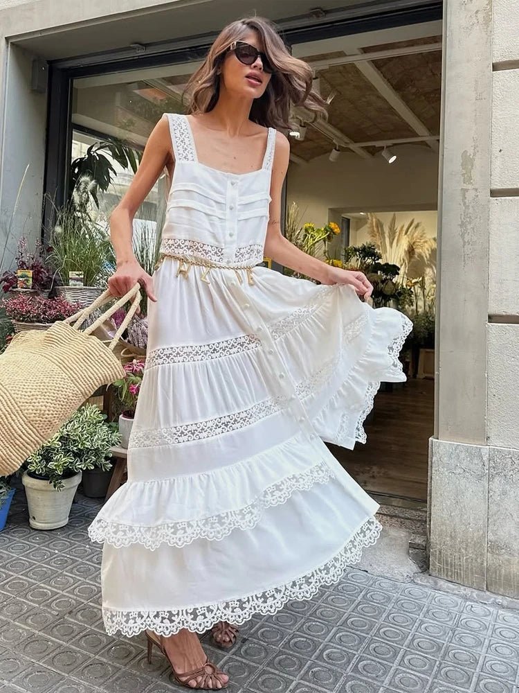 Maxivestido Bianca de encaje escalonado con patchwork