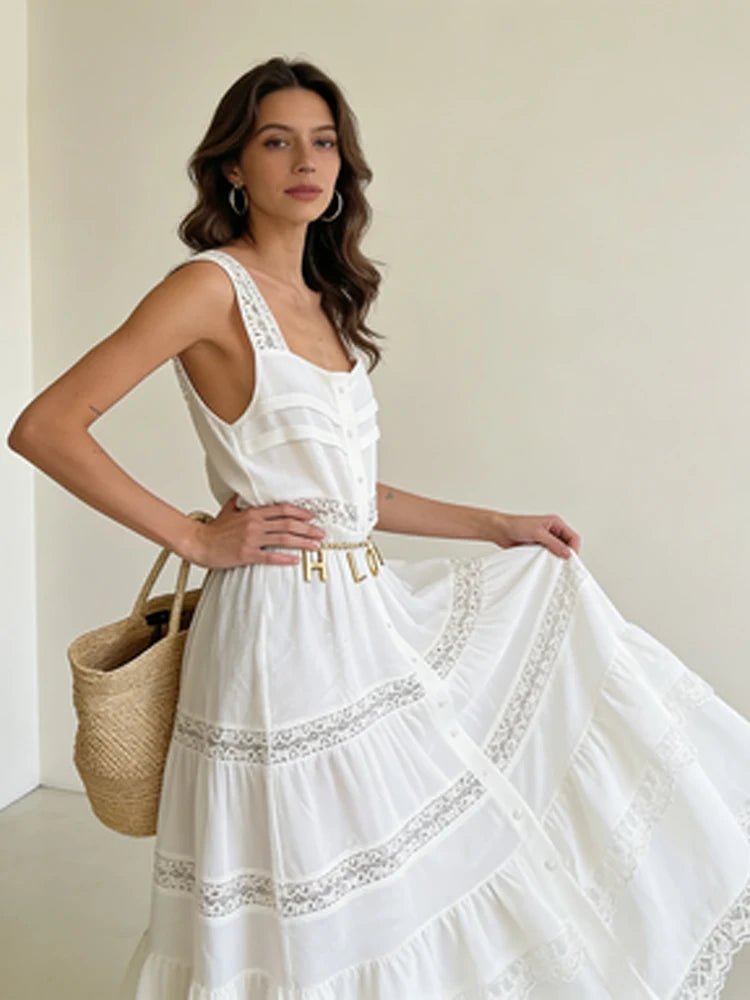 Maxivestido Bianca de encaje escalonado con patchwork