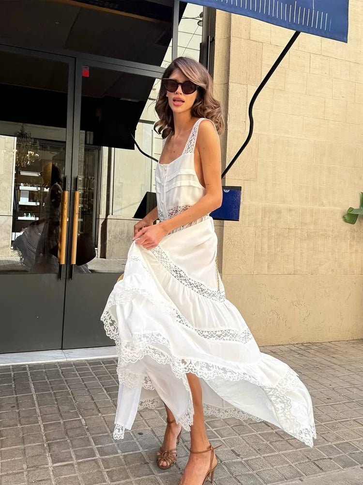Maxivestido Bianca de encaje escalonado con patchwork
