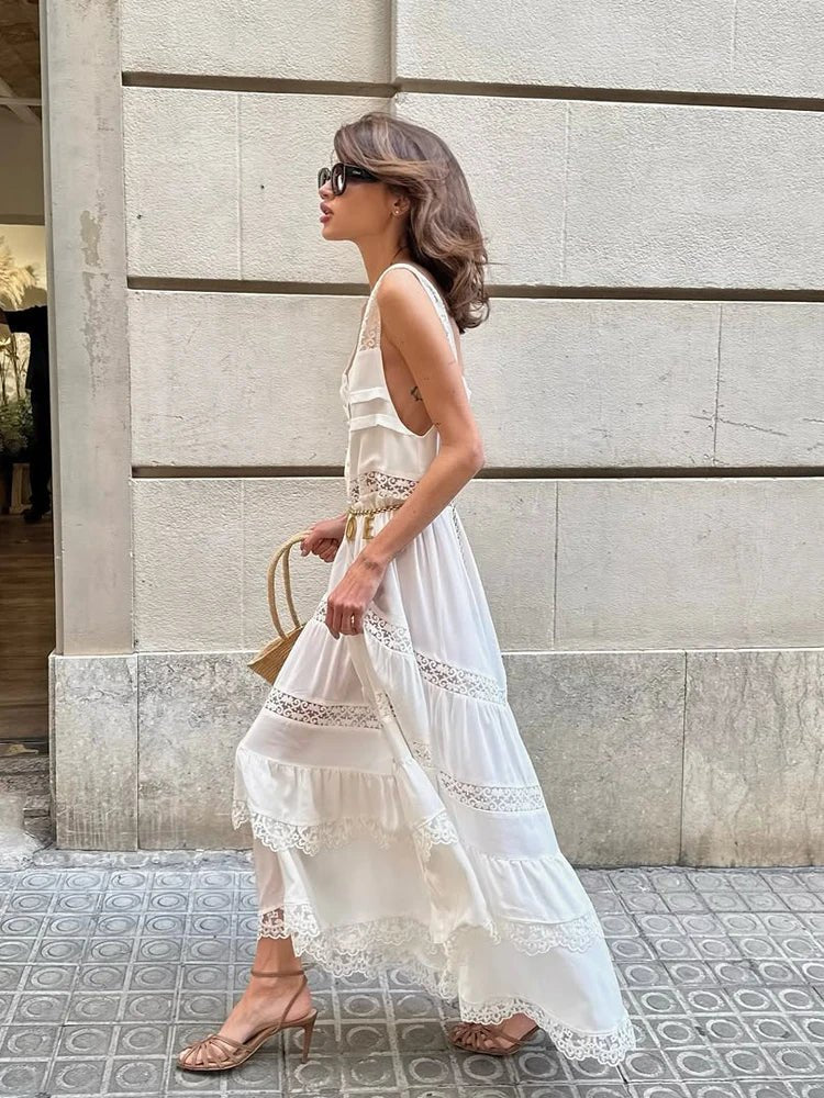 Maxivestido Bianca de encaje escalonado con patchwork