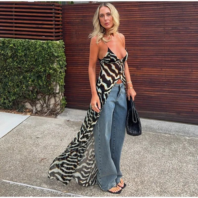 Conjunto de top tipo túnica y pantalón con estampado de cebra Bianca