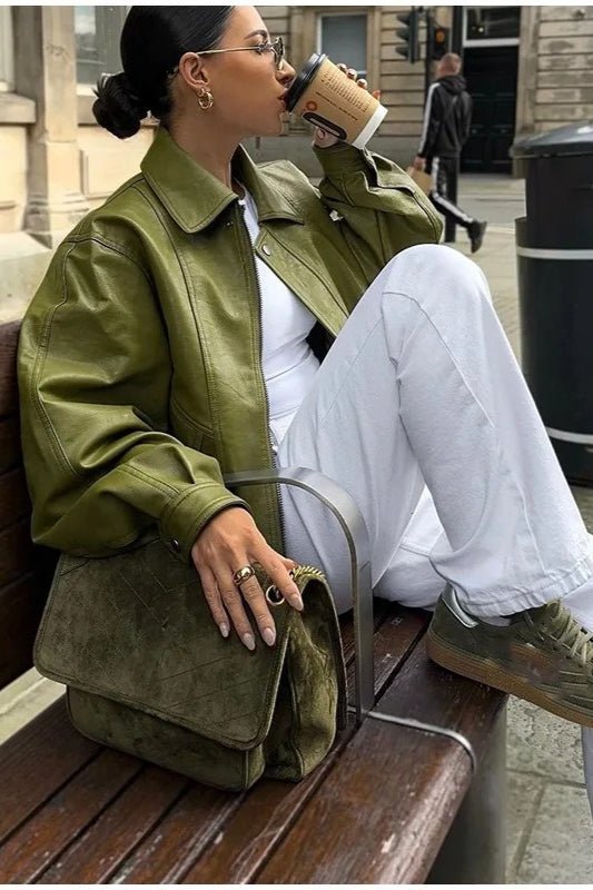 Bilge Vintage Green Faux Leather Jacket