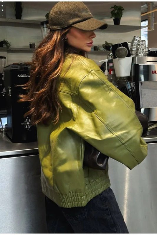 Bilge Vintage Green Faux Leather Jacket