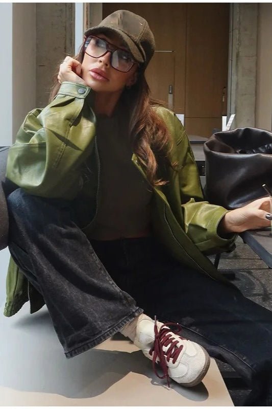 Bilge Vintage Green Faux Leather Jacket
