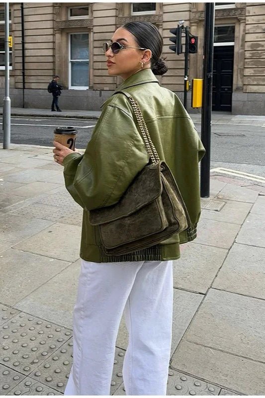 Bilge Vintage Green Faux Leather Jacket