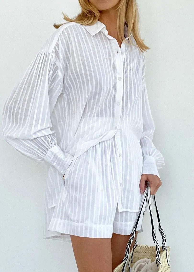 Conjunto de camisa y shorts de algodón a rayas Bridget