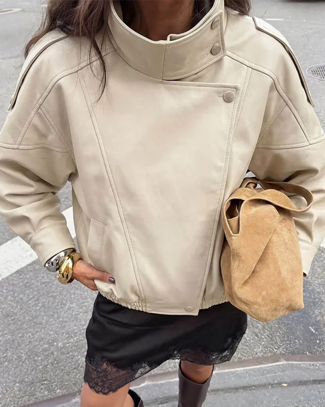 Brienne Stand Collar Faux Leather Jacket