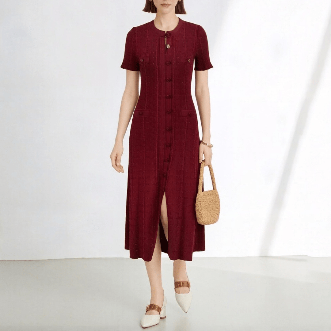 Vestido de punto francés con abertura y escote de pico Brigette