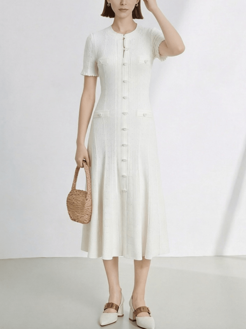 Vestido de punto francés con abertura y escote de pico Brigette