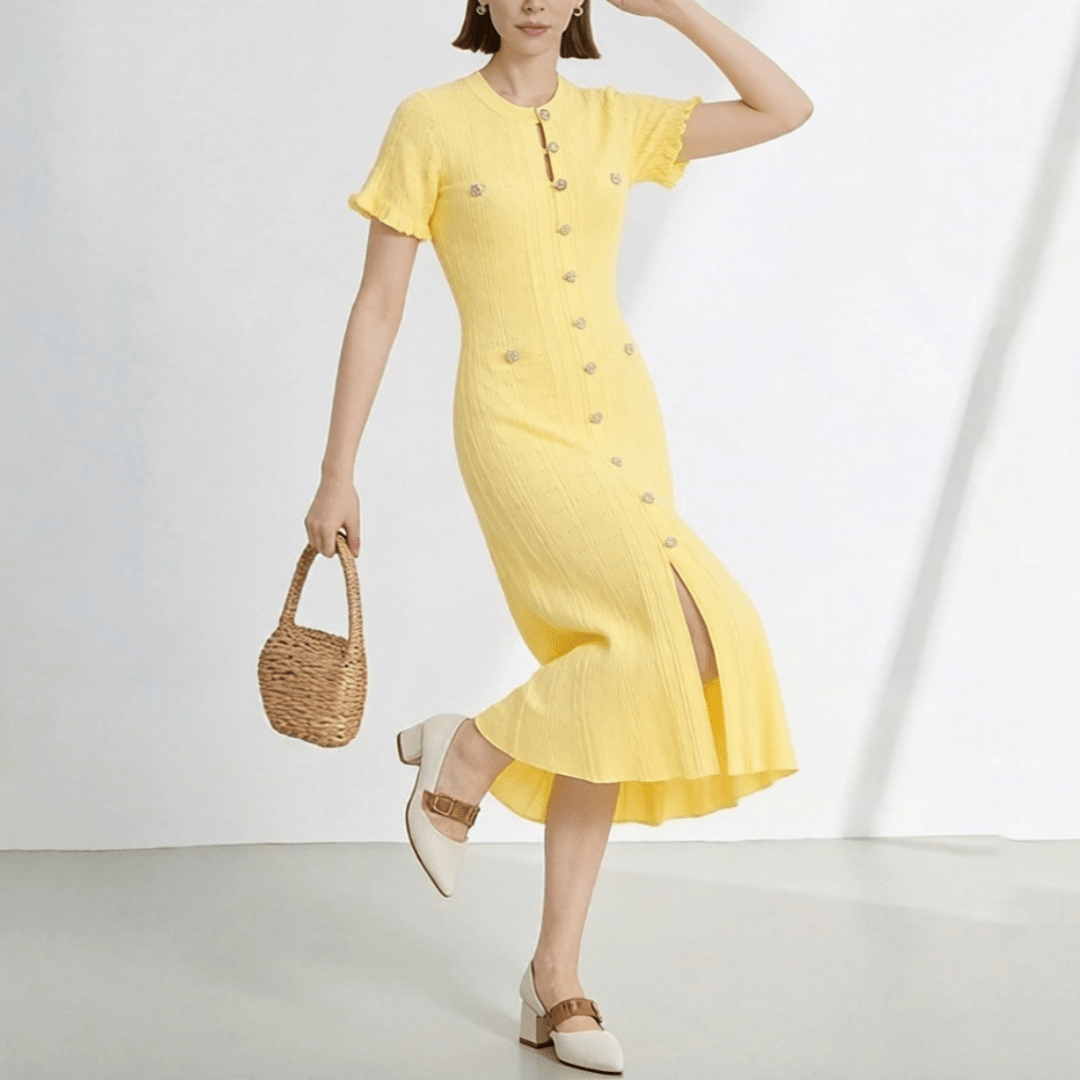 Vestido de punto francés con abertura y escote de pico Brigette