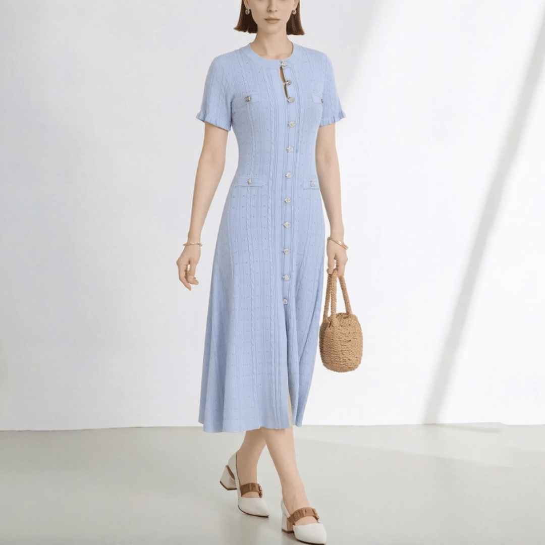 Vestido de punto francés con abertura y escote de pico Brigette