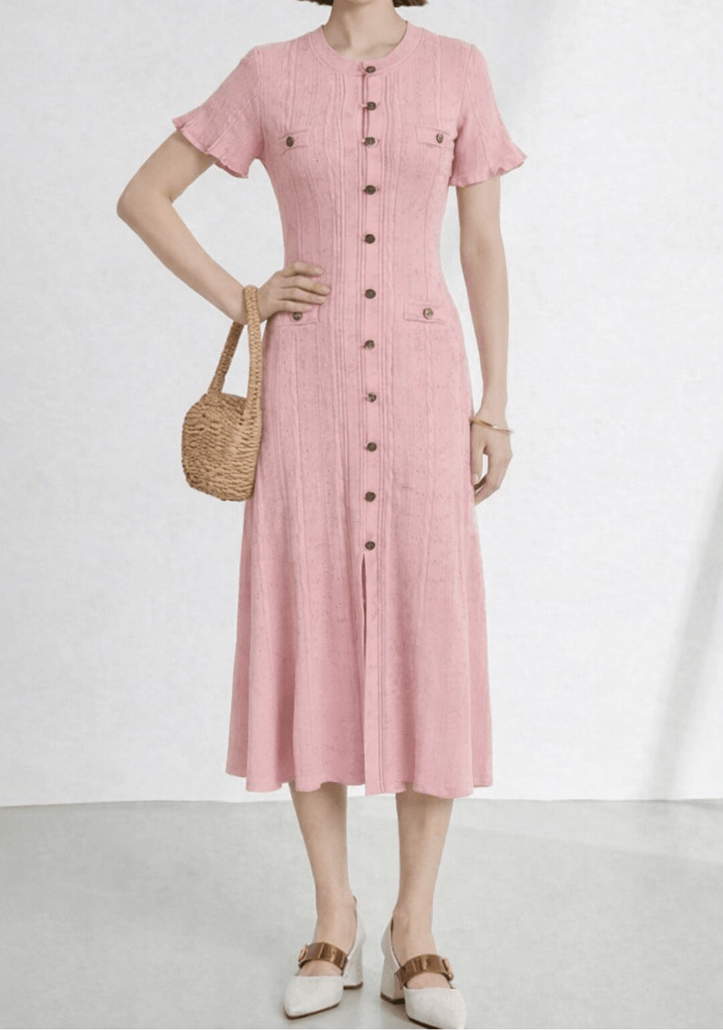 Vestido de punto francés con abertura y escote de pico Brigette
