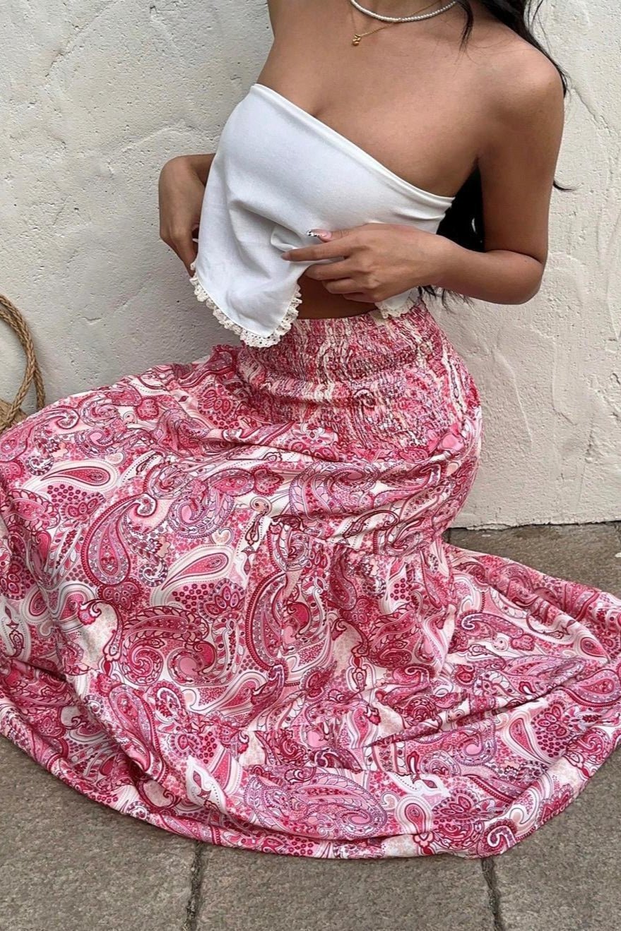 Falda larga de cintura elástica con estampado de cachemira Brynn