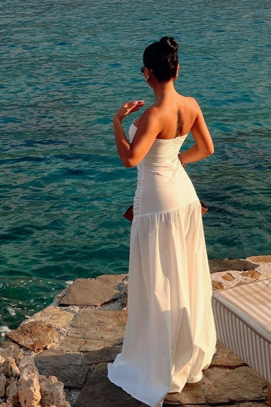 Vestido largo palabra de honor con abertura Camia