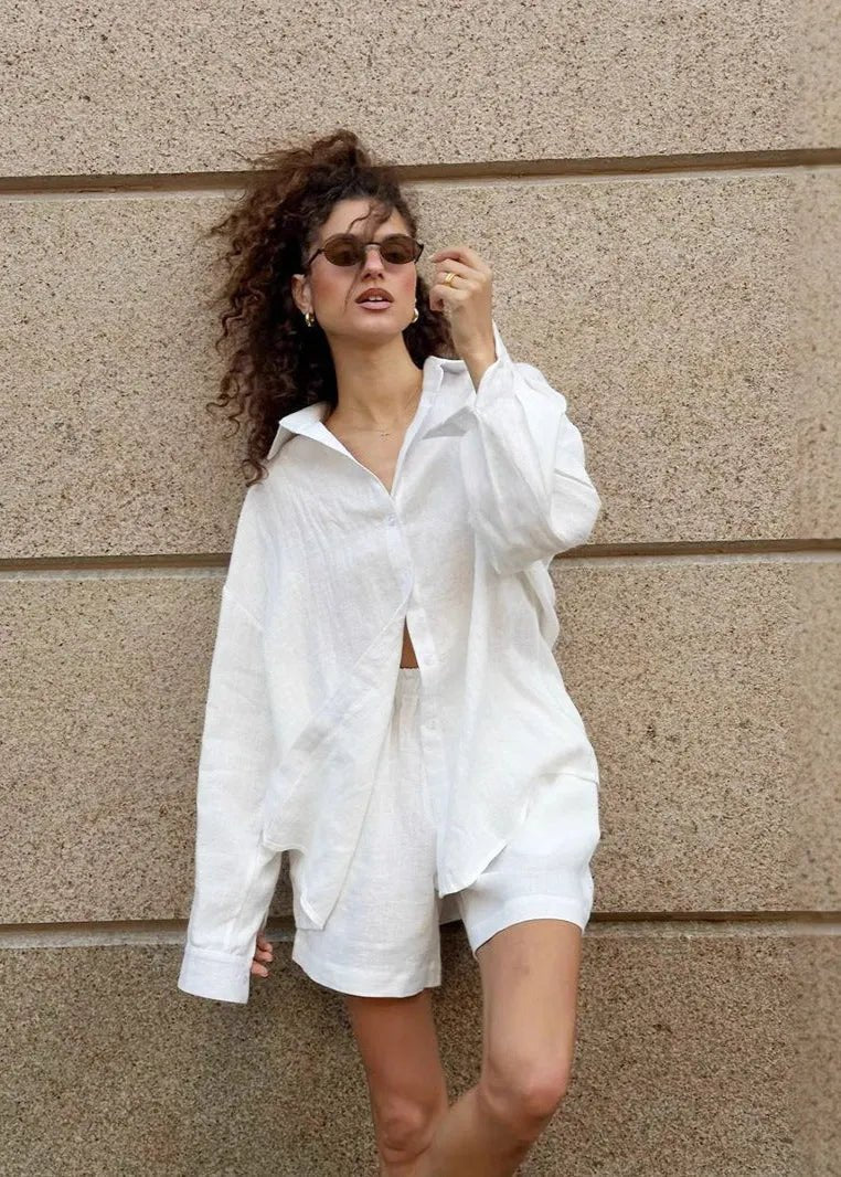 Conjunto de camisa y shorts de algodón blanco Camille