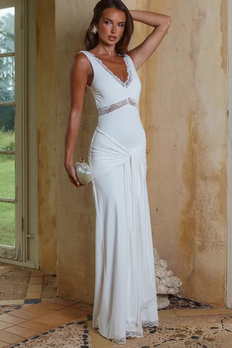 Vestido largo Carmela con panel de encaje y tirantes ajustables