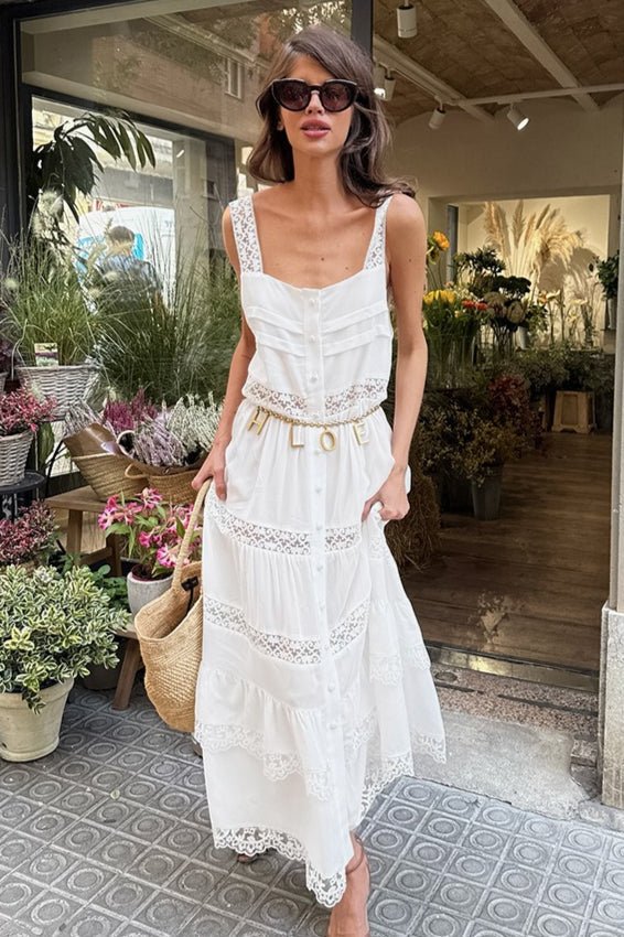 Maxivestido bohemio Celeste de encaje con patchwork y volantes