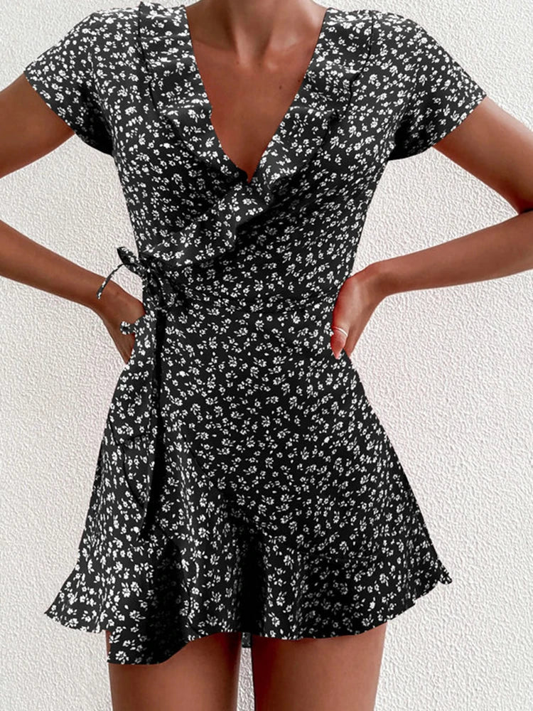 Minivestido de línea A con estampado floral y escote de pico Celeste