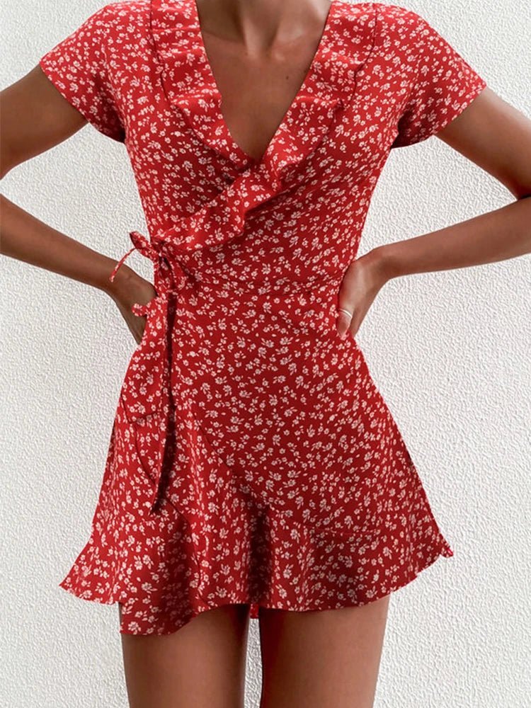 Minivestido de línea A con estampado floral y escote de pico Celeste