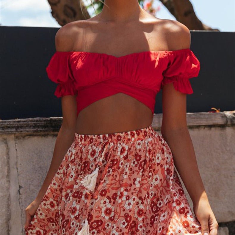 Top corto fluido con mangas abullonadas Celeste