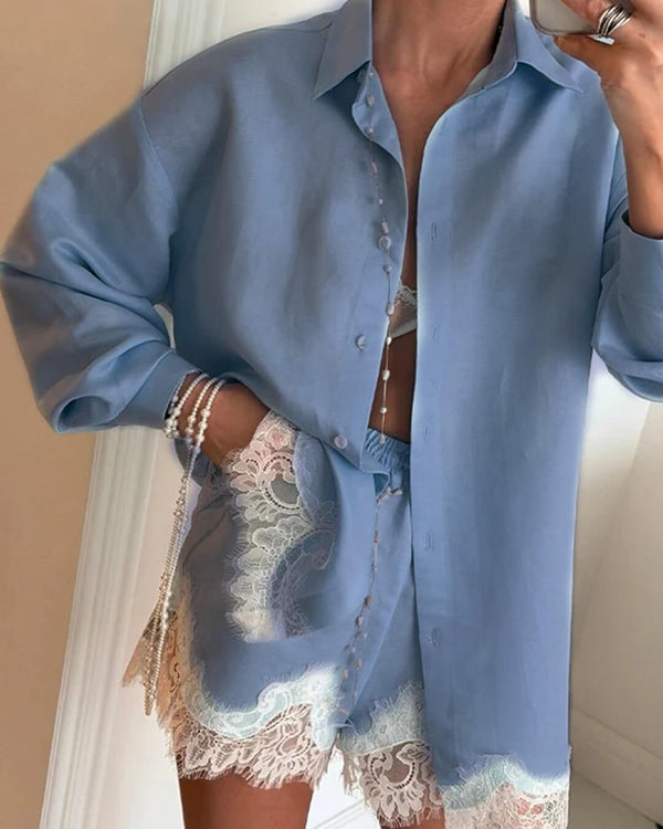 Conjunto de camisa de playa Celeste con patchwork de encaje