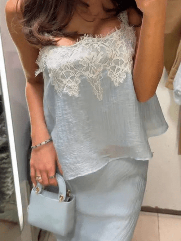Conjunto midi de dos piezas con paneles de encaje Celeste