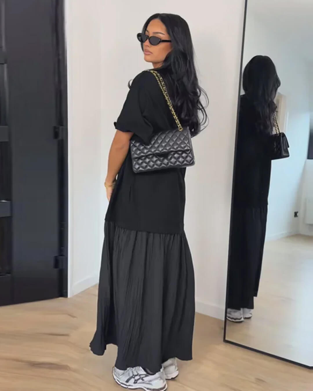 Vestido midi plisado de patchwork Celeste