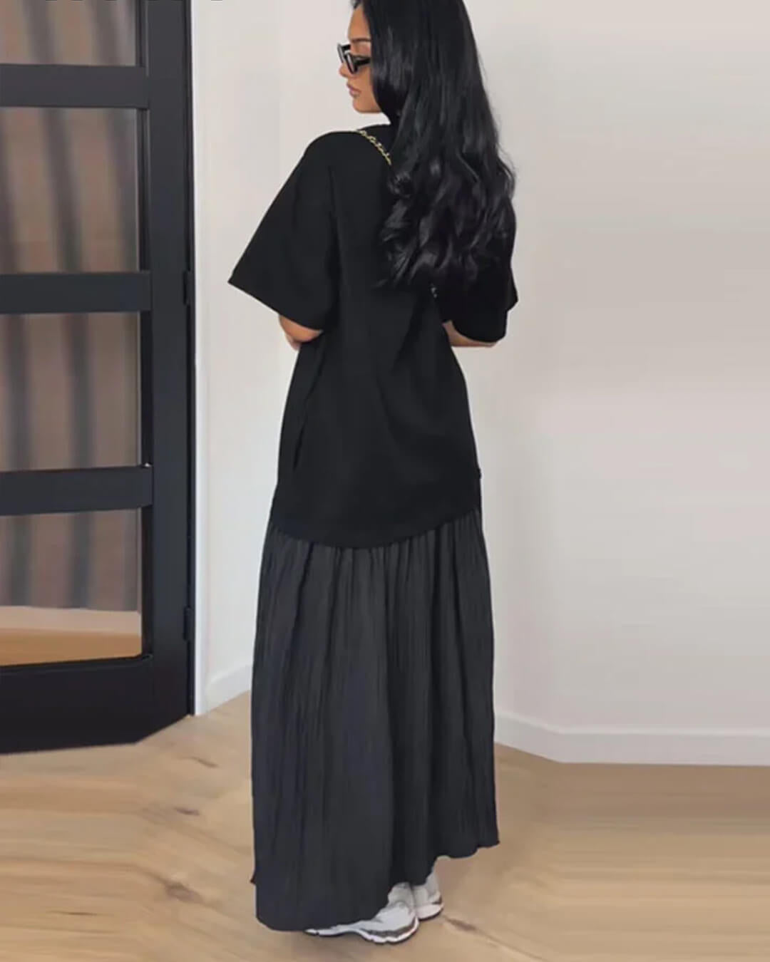 Vestido midi plisado de patchwork Celeste