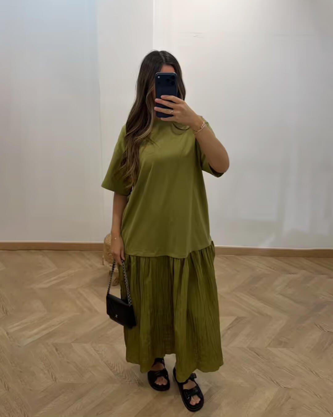 Vestido midi plisado de patchwork Celeste