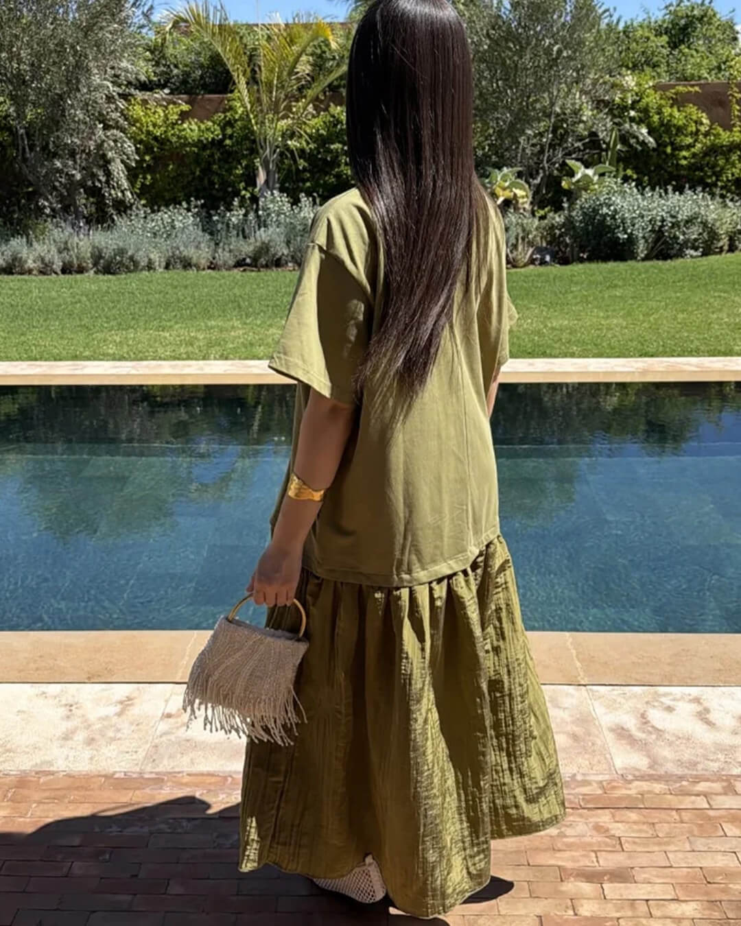 Vestido midi plisado de patchwork Celeste