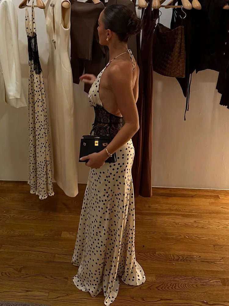 Vestido largo de cuello halter con lunares Celeste